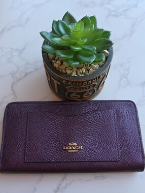 Coach Accordion Zip Wallet in Metallic Purple Plum with Gold Logo